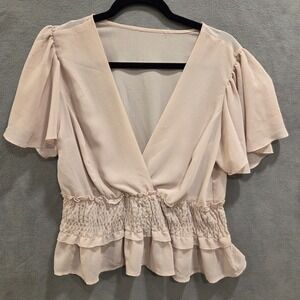 Pink Faux Wrap Blouse Ruffle Peplum Women's Casual Office Business Classic